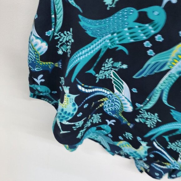 Ann Taylor LOFT Womens Peacock Tunic Top Size L Blue Roll Tab Sleeve Birds - Picture 6 of 13